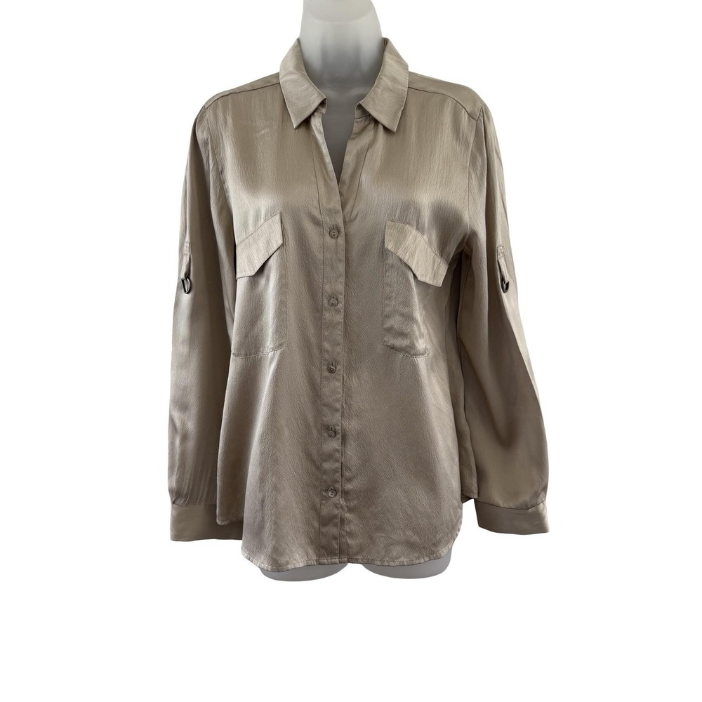 Eileen Fisher Shirt Womens Small Beige Silk Button Front Utility Top Roll Tap